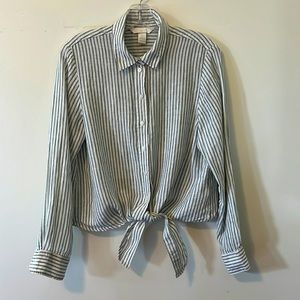 H&M linen stripe tie front button up blouse